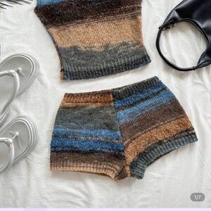 Cozy Knit High Waist Shorts - Blue and Brown